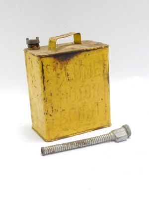 A Plume Motor Spirit can, in yellow with attachment, 31cm high, 23cm wide, 15cm deep. - 2