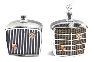 Two radiator decanters, for Mercedes Benz, each with Grand Prix and International badges, 15cm and 20cm high. (AF)