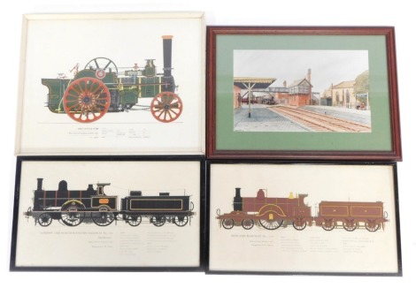 Four pictures, comprising after Philip Jerome Wainfleet Station, 21cm x 33cm, The Little Gem steam print, 34cm x 44cm, London and North Western Railways number 792 print, 25cm x 42cm, and The Midland Railway number 118 print, 25cm x 43cm, each framed. (4)