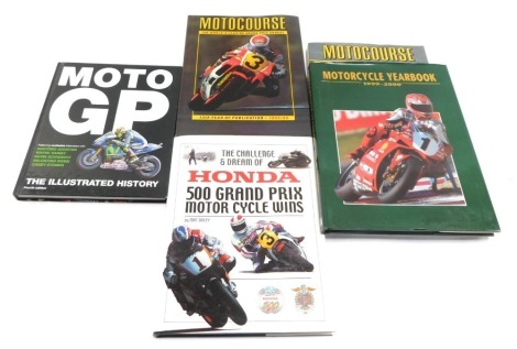 Five motorcycle books, comprising Motor Course The World's Leading Grand Prix Annual 1991 to 1992, and 1988 to 1989, Motorcycle Year Book 1992 to 2000, Motor GP The Illustrated History by Michael Scott and Matt Oxley The Challenge and Dream of Honda 500 G