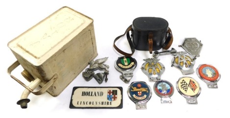 A Valor cream painted oil drum, AA car badge, England Rose car badge, Pegasus car mascot, St Christopher car badge, Lincolnshire Rally Club car badge, Royal Guards binoculars in case, etc. (a quantity)