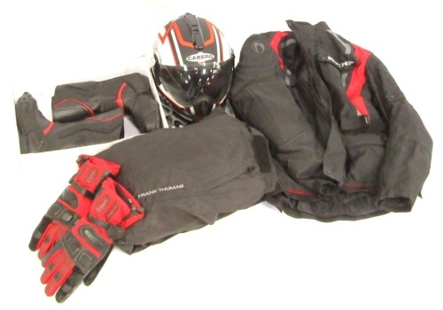 A set of Richa motorcycle leathers, a Caberg motorcycle helmet, gloves, set of Nitro MB-41 boots, etc.