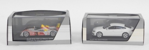 Two Audi Collection models of the R10 TDI Lamon 2008, and A5 Sportback Quattro 1:43 scale, boxed. (2)