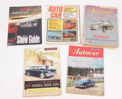 Four copies of The Autocar, being 1960 London Show guide, 1960 London Show Review, 1960 London Show report, 1971 London Show prospects, The London Motor Show guide for 1993.