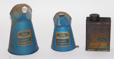 Oil cans, comprising two blue Ford tractor's equipment oil cans and a Filtrate Penetrating oil can. (3)