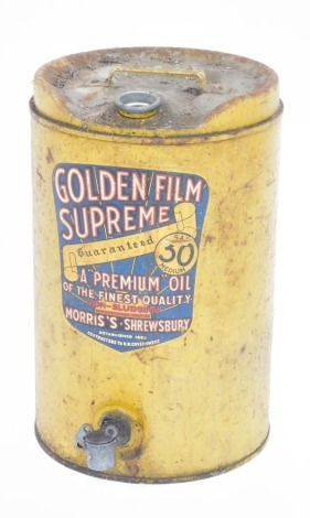A Golden Film Supreme oil drum, in yellow with tap, 44cm high.