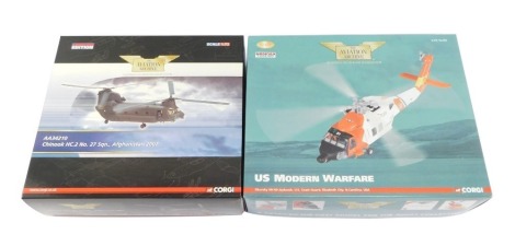 Two Aviation Archive models, scale 1:72, comprising the Chinook HC2 No 27 Squadron Afghanistan 2007, and the US Modern Warfare Sikorsky HH60 Jayhawk, boxed. (2)