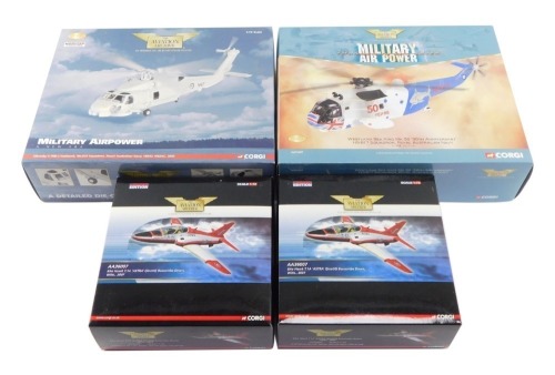 Four Aviation Archive models, scale 1:72, comprising the BAE Hawk T-1A Astra (x2), Military Air Power Sikorsky S-70B-2 D Hawk, and a Westland Sea King Mk50 50th Anniversary HS817 Squadron Royal Australian Navy, boxed. (4)