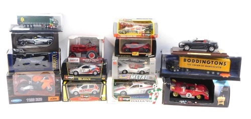 A group of diecast models, scale 1:25, comprising Hamley's Regent Street MG Corgi Burago Italian 90 KM Arctic, Boddingtons Arctic, Welly KTM race bike, Ertl Farmall tractor, Burago Volkswagen Golf Rally, Burago Monza Grand Prix, Maisto Special Edition Le