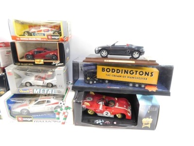 A group of diecast models, scale 1:25, comprising Hamley's Regent Street MG Corgi Burago Italian 90 KM Arctic, Boddingtons Arctic, Welly KTM race bike, Ertl Farmall tractor, Burago Volkswagen Golf Rally, Burago Monza Grand Prix, Maisto Special Edition Le - 3