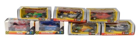 Seven diecast vehicles, to include Polistil Fiat 27, Lieger Loto, Riello Benetton Ford, Benetton Ford, Williams FW16 Burago, Ferrari 641-2 Burago, and a Williams FW14 Burago, all boxed. (7)