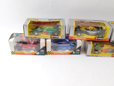 Seven diecast vehicles, to include Polistil Fiat 27, Lieger Loto, Riello Benetton Ford, Benetton Ford, Williams FW16 Burago, Ferrari 641-2 Burago, and a Williams FW14 Burago, all boxed. (7) - 2