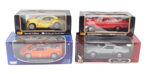 Four diecast vehicles, 1:18 scale, comprising the Motor Max Volkswagen Nardo W12 Show Car, the Road Signature 1968 Shelby GT-500KR, the Maisto 1962 Chevrolet Bel Air and the Maisto 1971 Chevrolet Chevelle SS454, boxed. (4)