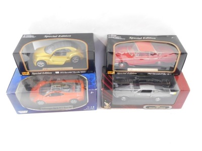 Four diecast vehicles, 1:18 scale, comprising the Motor Max Volkswagen Nardo W12 Show Car, the Road Signature 1968 Shelby GT-500KR, the Maisto 1962 Chevrolet Bel Air and the Maisto 1971 Chevrolet Chevelle SS454, boxed. (4) - 2