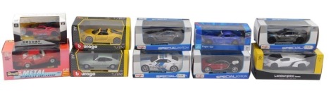 Ten diecast vehicles, 1:24 scale, comprising the Burago Ford Capri 1982, the Revell Gemballa Avalanche, Maisto 2017 Corvette Grand Sport (x2), Carousel Super Car, Maisto Bugatti Chiron, Braha Lamborghini Veneno, Maisto 2010 Chevrolet Camaro, Burago Porsch