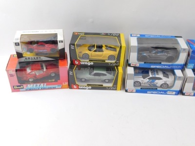 Ten diecast vehicles, 1:24 scale, comprising the Burago Ford Capri 1982, the Revell Gemballa Avalanche, Maisto 2017 Corvette Grand Sport (x2), Carousel Super Car, Maisto Bugatti Chiron, Braha Lamborghini Veneno, Maisto 2010 Chevrolet Camaro, Burago Porsch - 2