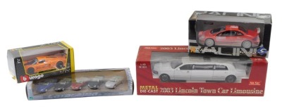 A group of diecast vehicles, boxed, comprising Burago Maserati MC12, 1:24 scale, cased set of five Cararama vehicles, a metal diecast 2003 Lincoln Town Car Limousine by Sunstar, 1:18 scale, and a Solido Peugeot 307 racing collection, 1:18 scale, boxed. (4