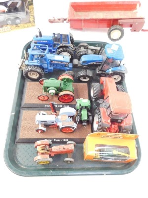 Diecast agricultural vehicles, to include New Holland Tractor, Ford tractors, Massey Harris tractors, Matchbox No 27 grain harvester, Burago Fendt tractor & trailer, ploughs, etc. (1 tray plus) - 3