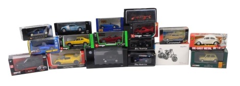 A group of diecast vehicles, 1:32 scale, comprising Corgi, Mini Classic Knightsbridge Gold, Burago 1970 Ford Capri, Burago Porsche 718 Boxster, diecast model Beetle, Lotus Exige Scura, Audi R8, Volkswagen Polo, Classico Ferrari, Land Rover, Range Rover Sp