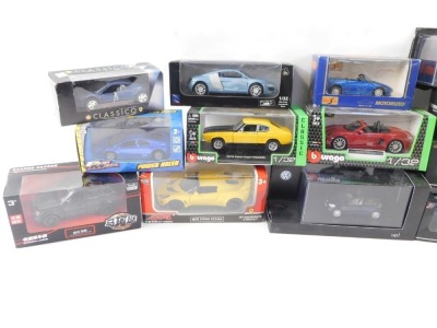 A group of diecast vehicles, 1:32 scale, comprising Corgi, Mini Classic Knightsbridge Gold, Burago 1970 Ford Capri, Burago Porsche 718 Boxster, diecast model Beetle, Lotus Exige Scura, Audi R8, Volkswagen Polo, Classico Ferrari, Land Rover, Range Rover Sp - 2