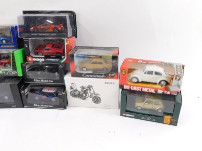 A group of diecast vehicles, 1:32 scale, comprising Corgi, Mini Classic Knightsbridge Gold, Burago 1970 Ford Capri, Burago Porsche 718 Boxster, diecast model Beetle, Lotus Exige Scura, Audi R8, Volkswagen Polo, Classico Ferrari, Land Rover, Range Rover Sp - 3