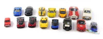 A group of diecast model vehicles, to include Motormax Lamborghini Gallardo Superleggera, Maisto BMW Z8, Burago Ferrari 250, yellow Lamborghini, Burago Bugatti 11GB, Motormax Aston Martin V12 Vantage, Burago Rolls Royce Camargue, and a Burago Ferrari GTO.