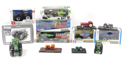 Agricultural diecast vehicles, to include Burago Valtra N174, a Sun Toys metal farm set, Ferguson TEA2-0 with track, 1:16 scale, a Burago New Holland Agricultural blue tractor, John Deere miniature tractors, Toyland figures, Burago New Holland Agricultura