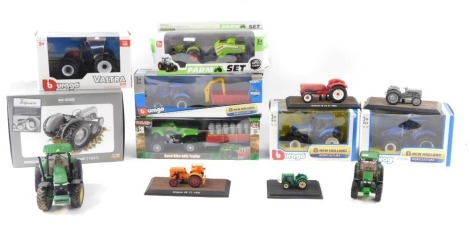 Agricultural diecast vehicles, to include Burago Valtra N174, a Sun Toys metal farm set, Ferguson TEA2-0 with track, 1:16 scale, a Burago New Holland Agricultural blue tractor, John Deere miniature tractors, Toyland figures, Burago New Holland Agricultura