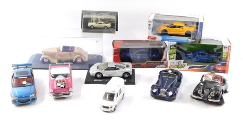 A group of diecast vehicles, comprising four boxed examples, Maisto Tech RLC Ford GT, Mondo Motors Silver Collection Evora S, a Motor Max 2018 Ford Mustang, unmarked cased model and a Ford Mustang Shelby GT 350 H, together with a group of loose model cars