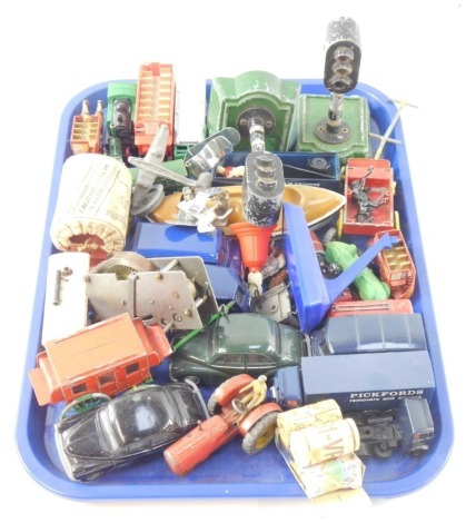 Diecast toys, play worn, to include motors, railway station lights, agricultural ploughs, Pickfords vans, tractors, etc. (1 tray)