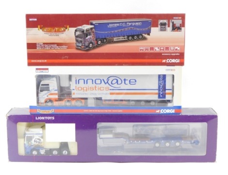Three diecast arctic lorries, comprising The Hauliers of Renown Mann GTA XXL Step Frame Fridge Trailor, The Hauliers of Renown Mann TGX Vinyl Curtainside for James CC Ferguson, and The Lion Toys articulated truck, boxed. (3)