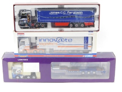 Three diecast arctic lorries, comprising The Hauliers of Renown Mann GTA XXL Step Frame Fridge Trailor, The Hauliers of Renown Mann TGX Vinyl Curtainside for James CC Ferguson, and The Lion Toys articulated truck, boxed. (3) - 2