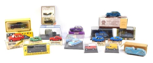 Diecast models, comprising a Vanguard Cheshire Police Van, 1:43 scale. Corgi Special Edition Mini Metro, Rolls Royce Silver Cloud, Roadsure by Oxford armoured vehicle, a British Light Utility Car Tilly, The Gems & Cobwebs Collection Classic Car Vauxhall