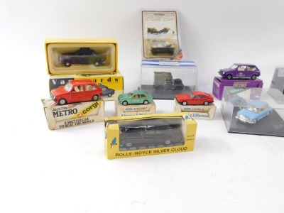 Diecast models, comprising a Vanguard Cheshire Police Van, 1:43 scale. Corgi Special Edition Mini Metro, Rolls Royce Silver Cloud, Roadsure by Oxford armoured vehicle, a British Light Utility Car Tilly, The Gems & Cobwebs Collection Classic Car Vauxhall - 2