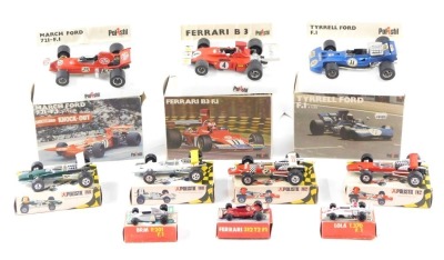 Polistil diecast racing cars, comprising three 1:25 scale models, March Ford 721-F1, Ferrari B3 F1, and the Tyrrell Ford F1, four smaller models, the Ferrari Formula Uno, Brabham BT-26 Formula Uno, Mclaren M7A Formula Uno, and the Ferrari Formula Uno, eac