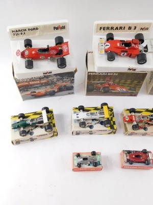 Polistil diecast racing cars, comprising three 1:25 scale models, March Ford 721-F1, Ferrari B3 F1, and the Tyrrell Ford F1, four smaller models, the Ferrari Formula Uno, Brabham BT-26 Formula Uno, Mclaren M7A Formula Uno, and the Ferrari Formula Uno, eac - 2