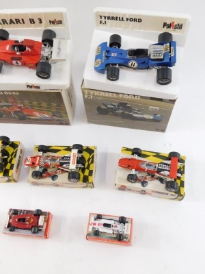 Polistil diecast racing cars, comprising three 1:25 scale models, March Ford 721-F1, Ferrari B3 F1, and the Tyrrell Ford F1, four smaller models, the Ferrari Formula Uno, Brabham BT-26 Formula Uno, Mclaren M7A Formula Uno, and the Ferrari Formula Uno, eac - 3