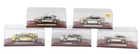 Five chrome finish diecast models, comprising the Pegaso Z-102, Porsche 011 GT3, Lamborghini Gallardo, BMW M1 and the Lotus Exige, each in presentation case. (5)