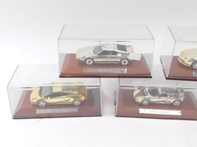 Five chrome finish diecast models, comprising the Pegaso Z-102, Porsche 011 GT3, Lamborghini Gallardo, BMW M1 and the Lotus Exige, each in presentation case. (5) - 2