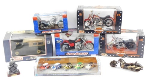 Diecast bikes and vehicles, comprising Maisto Harley Davidson FLSTS Heritage Springer, Harley Davidson 1999 FLSTF Fat Boy, Speed Blaster motorcycle, Speed Classic Style Blaster, Eagle Collectable Land Rover, 1:18 scale, set of Cararama Mini Coopers, a nut