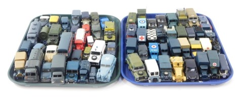 A group of play worn diecast vehicles, to include Corgi military ambulances, RAF vehicles, etc. (2 trays)