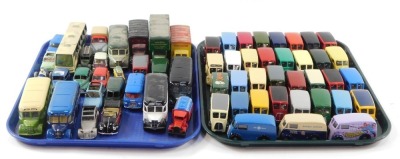 A group of diecast vehicles, play worn, Corgi and others, to include mainly goods wagons, etc. (2 trays)