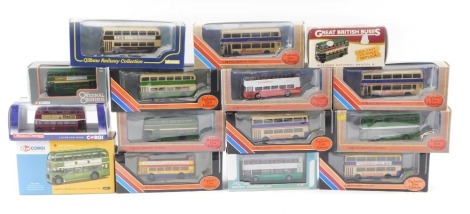 A group of diecast buses, 1:76 scale, The Western Greyhound, Exclusive First Editions Western National, Exclusive First Editions Leyland Olympian Coach, Daimler DMS bus, Daimler DMS one door, Bristol VR3, Leyland Olympian Coach, Original Omnibus ROE troll