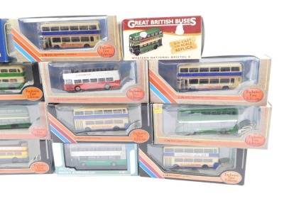 A group of diecast buses, 1:76 scale, The Western Greyhound, Exclusive First Editions Western National, Exclusive First Editions Leyland Olympian Coach, Daimler DMS bus, Daimler DMS one door, Bristol VR3, Leyland Olympian Coach, Original Omnibus ROE troll - 3