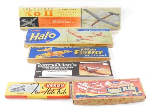 Aviation toys, comprising Flying Rubber Powered Model Plane, a Veron Tru-Flite kit, Keil Kraft Firefly stunt model, a Veron Mini Scale plane, a Yeoman KO2, and a Keil Kraft Halo, boxed. (6)