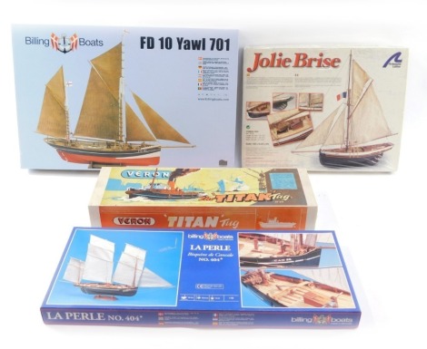 Boat models, comprising a Billings Boats FD10 Yawl 701, a Jolie Brise yacht, a Billing Boats La Perle, and a Veron Titan Tug, boxed. (4)