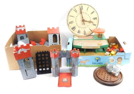 A wooden fort, various wooden games, wall clock, marbles, etc. (2 boxes)