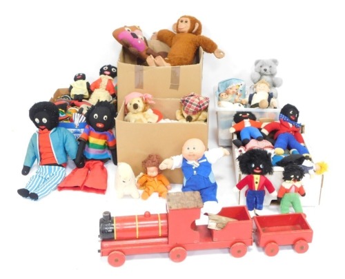 Toys and games, soft toys, Golly figures, red painted wooden train, Teddy Bears, planes, etc. (4 boxes 1 train)