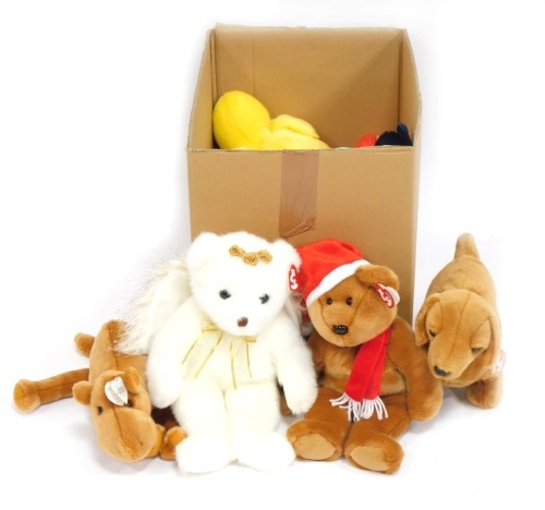 A group of TY Beanie Babies, to include Christmas Bear, Collector's Bears, Sausage Dog, and others. (1 box)