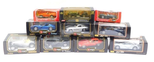 Burago and Maisto model cars, 1:28 scale, comprising Dodge Viper GTS Coupe, Mercedes Benz 300SL 1954, Ford AC Cobra 427 (1965), Mercedes 500K Roadster 1936, Dodge Viper RT10, Jaguar E Coupe 1961, Lotus Super 7, Ford AC Cobra 427 1965, Maisto Special Editi